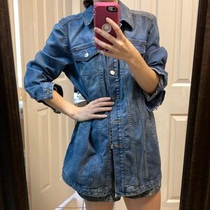 Chico’s Long Denim Jean Jacket Size 8/10 1 Medium Wash Tailored Fit Like New